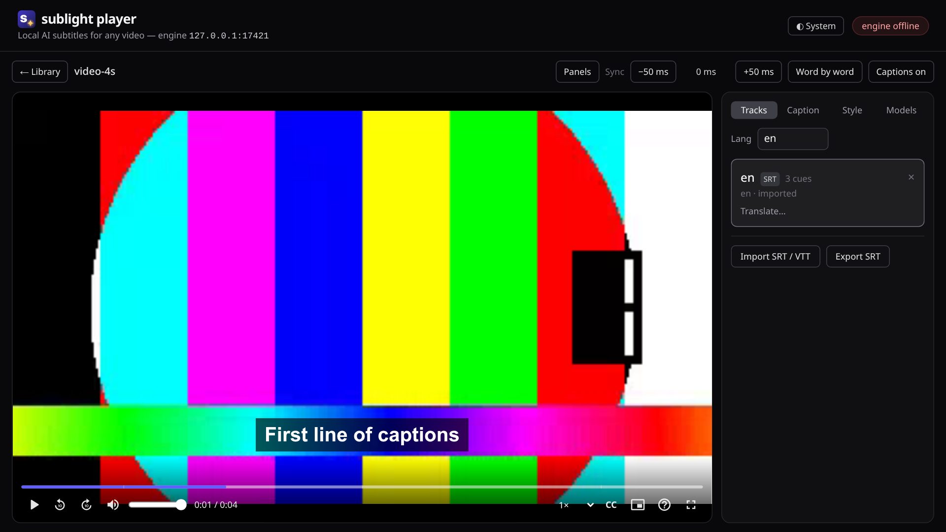 The Sublight Player: a video with its subtitles on screen, the control bar, and the tracks panel.